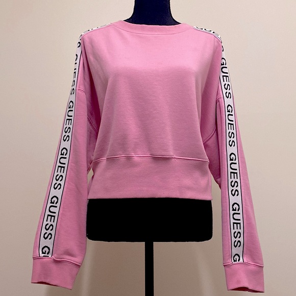 Guess Pink Cropped Crewneck Pullover Monogrammed Arms Sweater - Picture 3 of 16
